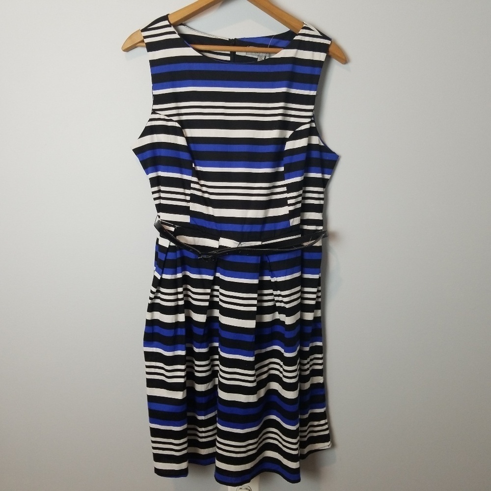 Bailey BLue Striped Fit & Flare PLeated Belted Sleeveless Dress